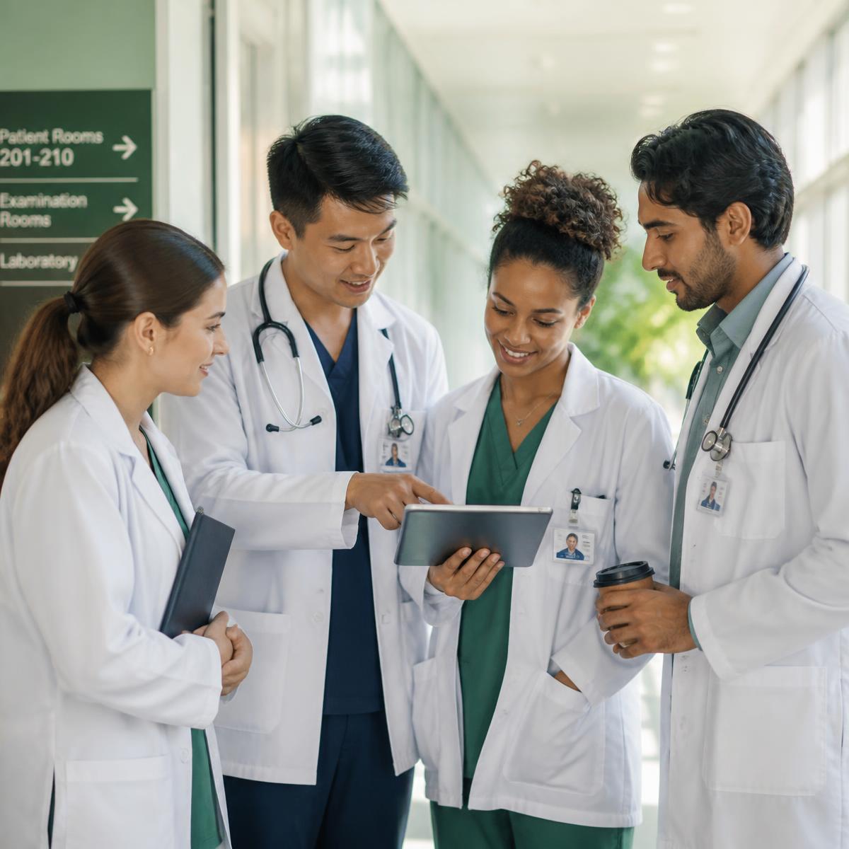 Physicians and medical students reviewing a patient chart together in a hospital corridor